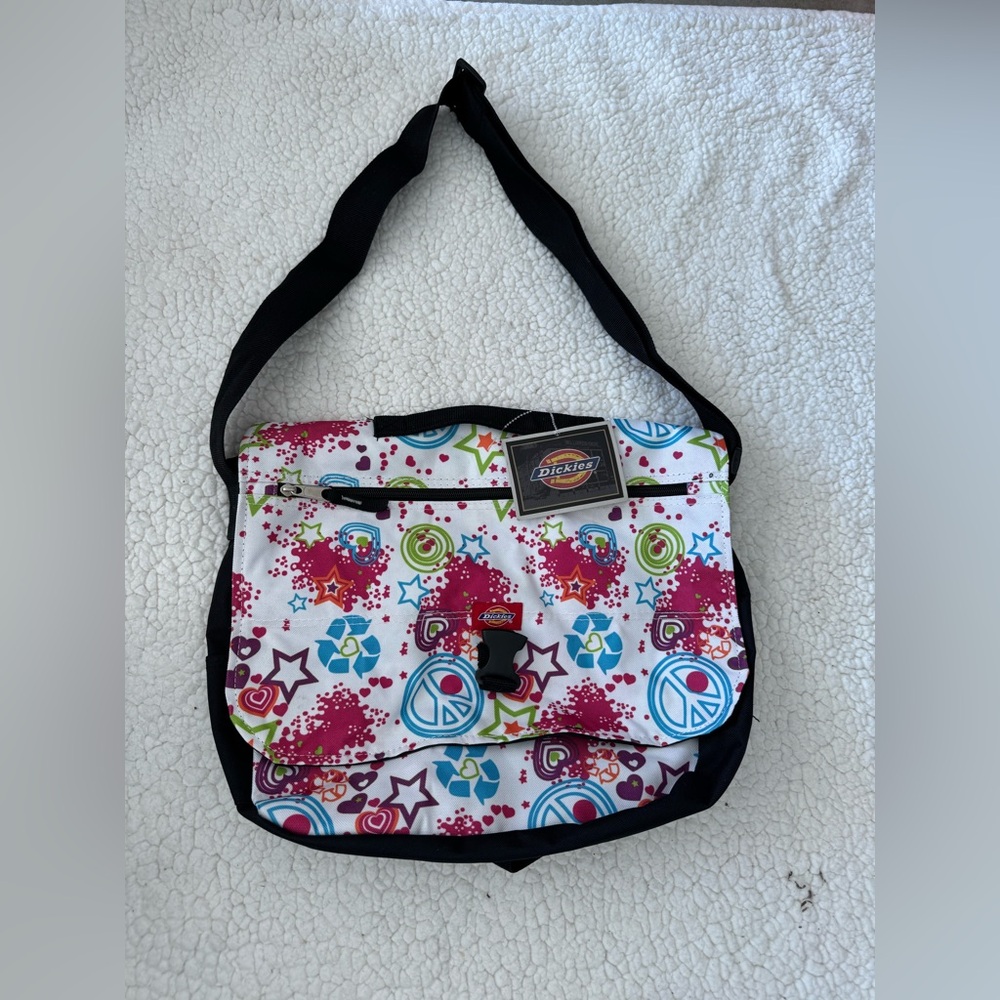 NWT - Dickies messenger bag with a colorful peace sign and splatter pattern